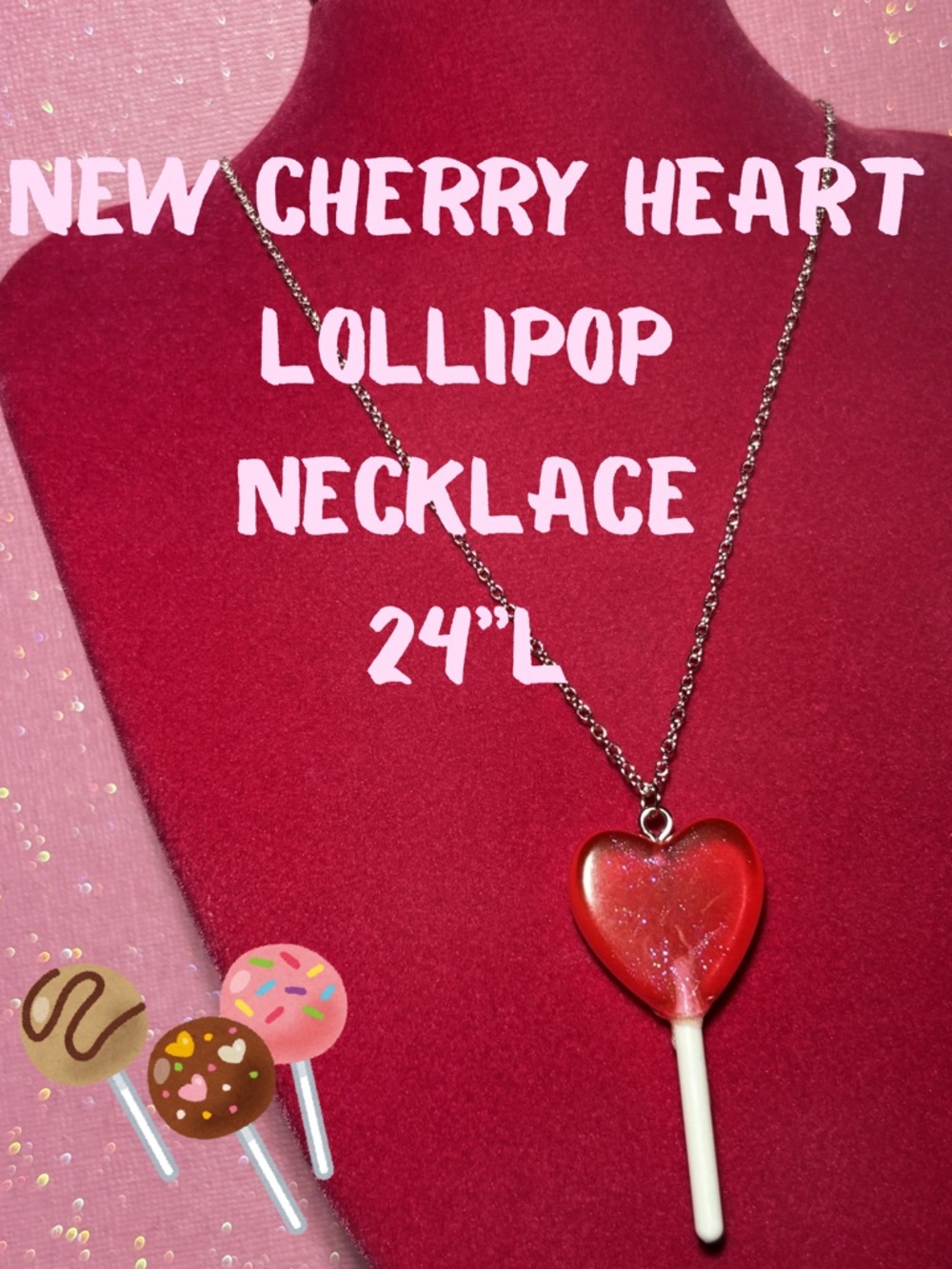 Red Cherry Heart Sparkle Lollipop Necklace Sterling Silver Fake Food Kawaii Y2K